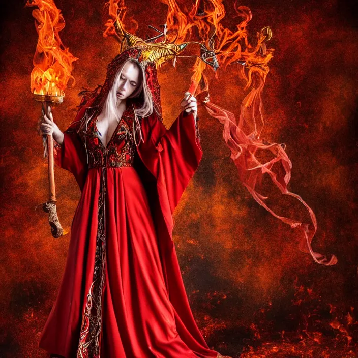 Image similar to full length photo of a very beautiful!! elemental fire witch with ornate red robes, highly detailed, 4 k, hdr, smooth, sharp focus, high resolution, award - winning photo