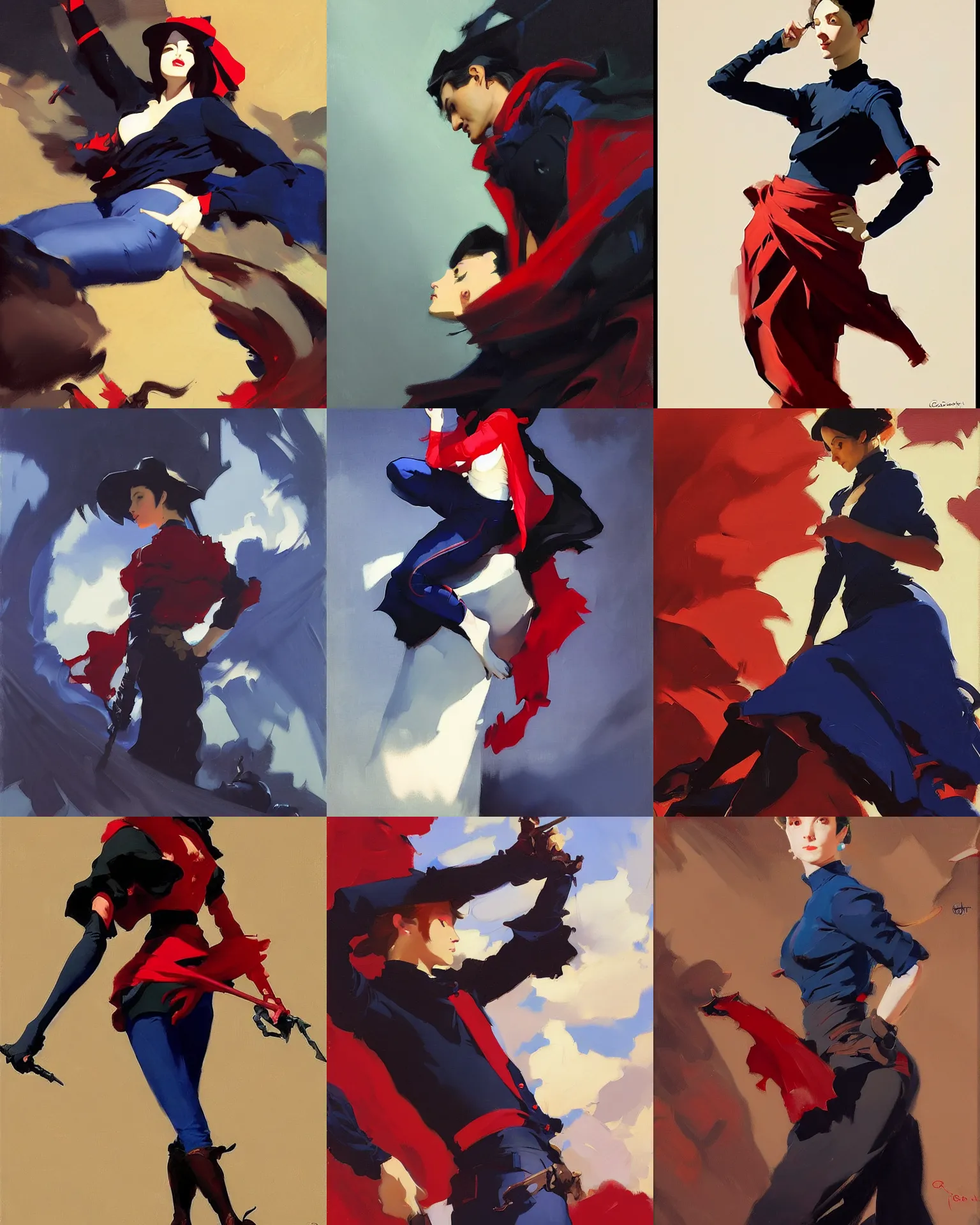 Prompt: black red deep blue cloth fabric jodhpurs greg manchess painting by sargent and leyendecker, studio ghibli, fantasy, medium shot, asymmetrical, intricate, elegant, matte painting, illustration, hearthstone, by rhads by greg rutkowski, by greg tocchini, by james gilleard, by joe fenton