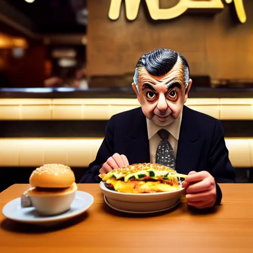 Image similar to photo of rowan atkinson eating inside of a mcdonald's restaurant, highly detailed, extremely high quality, hd, 4 k, 8 k, professional photographer, 4 0 mp, lifelike, top - rated, award winning, realistic, detailed lighting, detailed shadows, sharp, no blur, edited, corrected, trending