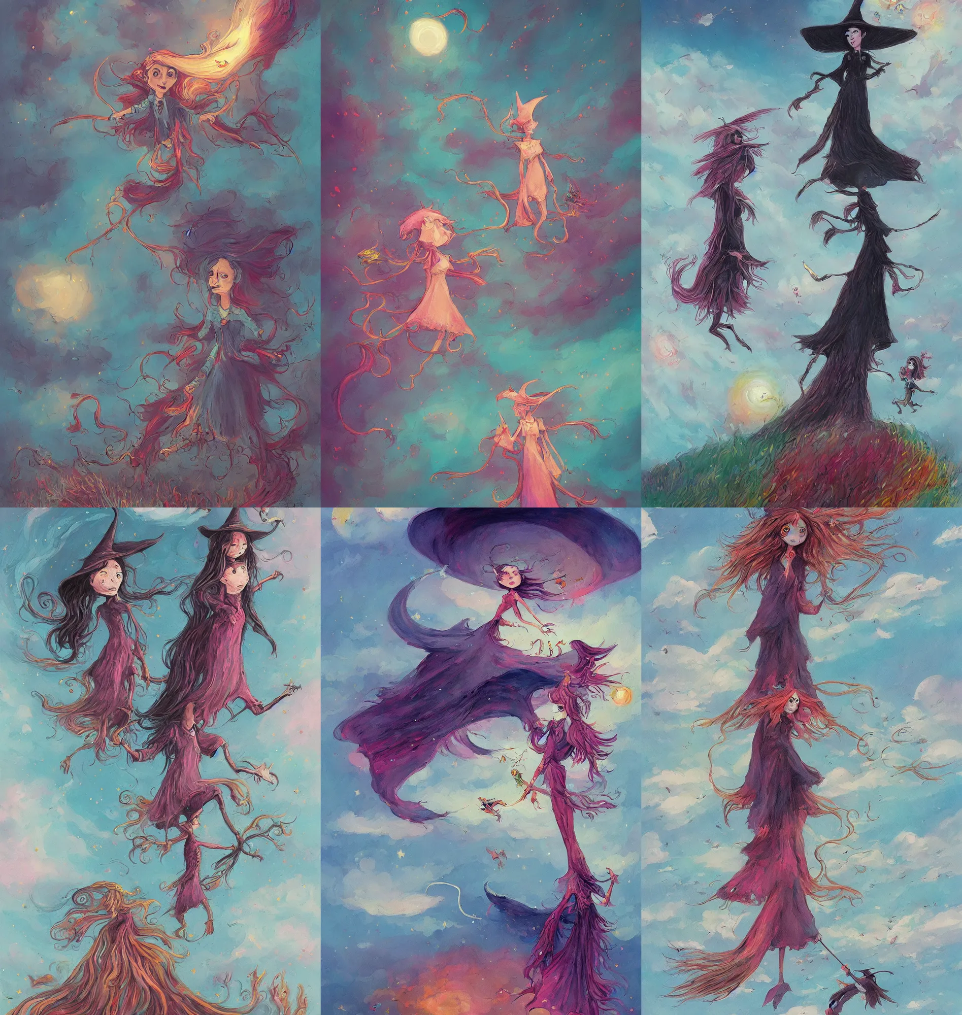 Prompt: a witch. in the sky. she wear a colorful outfit. painted by tony sandoval.