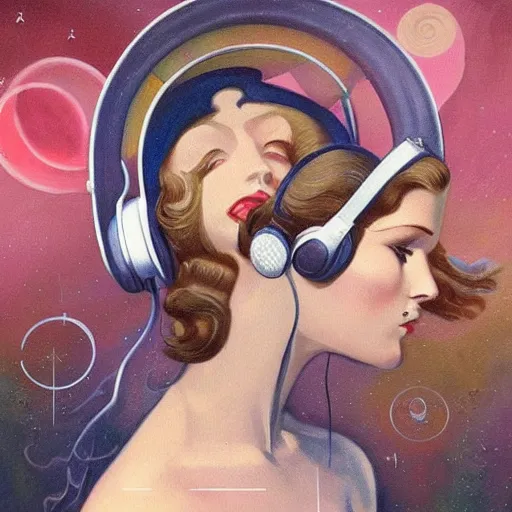 Image similar to intricate, amazing, art deco, retro vintage and romanticism, painting by march hares, soft color palette, highly detailed, godess with headphones from space sci - fi of ancient religion