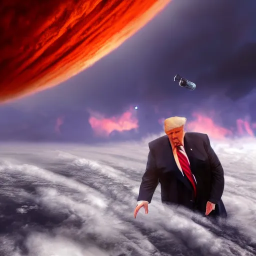 Image similar to trump riding on an atom bomb into a hurricane, trending on artstation, photorealistic, high resolution, octane, unreal engine, digital,