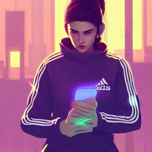 Image similar to portrait of attractive slav heroine wearing an addidas tracksuit with a phone in hand. illuminated phone screen, slav building in backround, by greg rutkowski and wlop, detailed, cinematic, 8 k, intricate, rule of thirds.