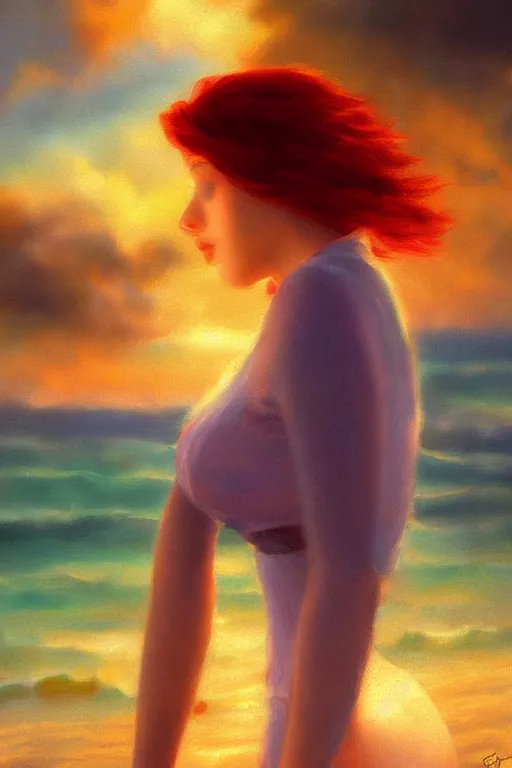 Prompt: a red haired young girl beach surreal, sunrise, dramatic light, impressionist painting, colorful clouds, digital painting, artstation, vittorio matteo corcos