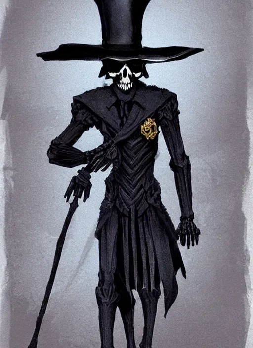 Image similar to DND character art, skeletal male figure, wearing a deep black suit!!! and tie and top hat, holding a gold! cane!, blue flames!!