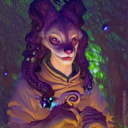 Image similar to a portrait of a female tentacle monster in starfleet uniform at night in a dark forest. zootopia fursona furaffinity furry art detailed face painting by gaston bussiere craig mullins jc leyendecker gustav klimt artgerm greg rutkowski furry