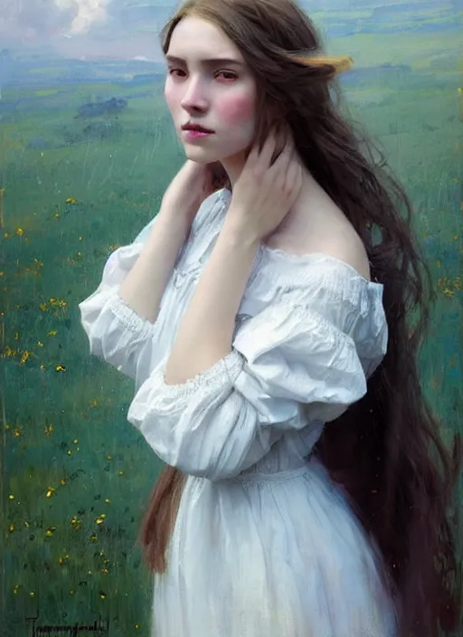 Prompt: portrait of girl dressed in white clothes , countryside, fantasy character portrait, dynamic pose, above view, view from above, sunny day, thunder clouds in the sky, artwork by Jeremy Lipkin and Giuseppe Dangelico Pino and Michael Garmash and rob rey, very coherent symmetrical artwork, perfect face, simple form, 100mm