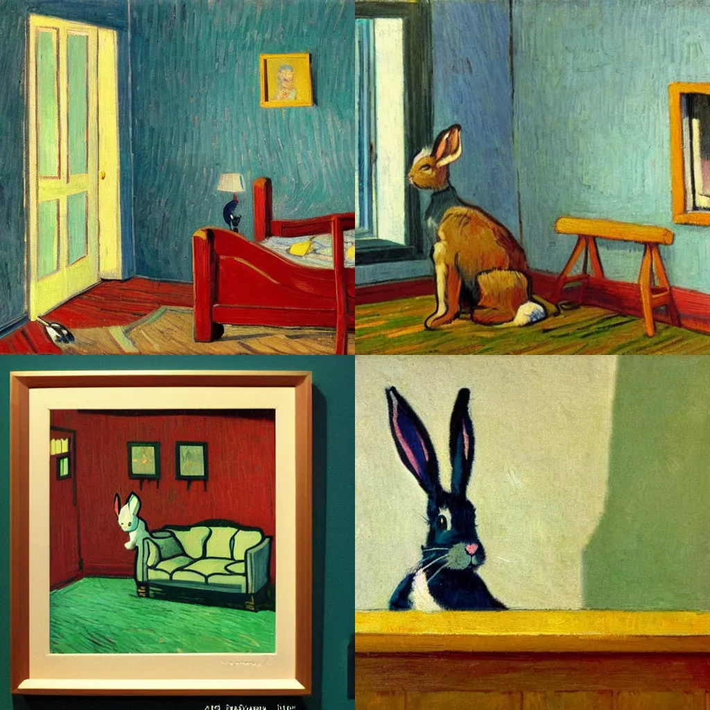 Prompt: a bunny in a suburban household, in style of Edward Hopper and Van Gogh