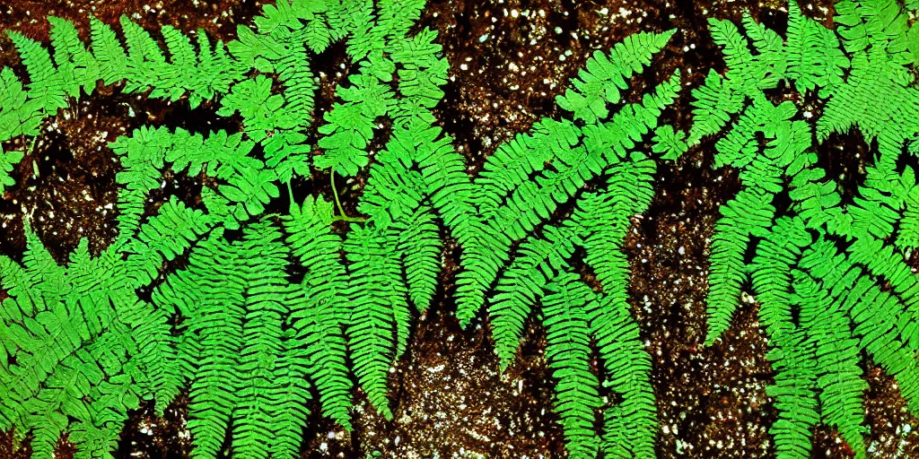 Image similar to deep green fern leaves with drops of water and glitter shimmering in the moonlight