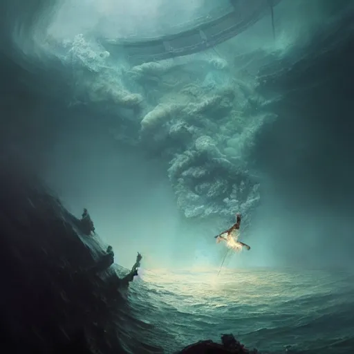 Prompt: a dream fantasy painting of a scuba diver trapped in a maelstrom, trending on artstation, deviantart, matte painting by greg rutkowski, holly bruce, jon kuo
