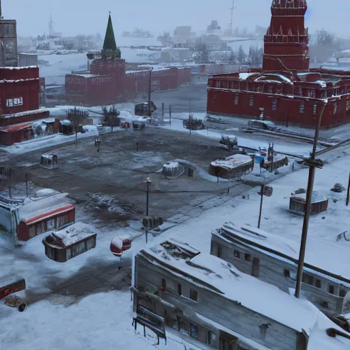 Image similar to Moscow Red Square post-nuclear war in the snow in Fallout 4, in game screenshot