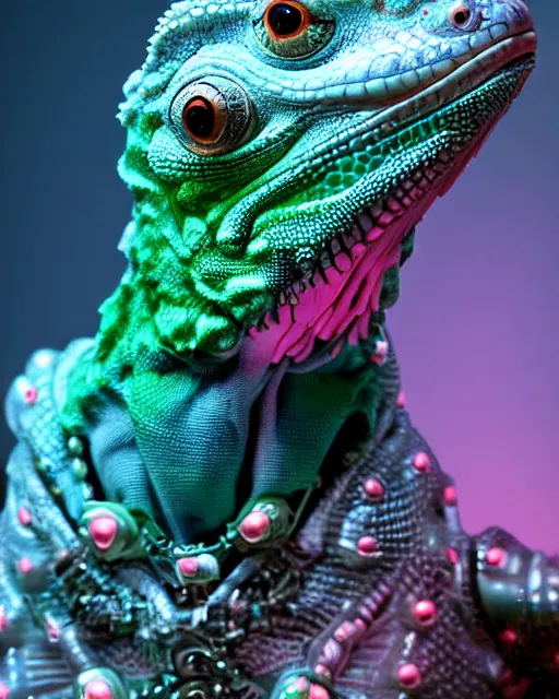 Image similar to natural light, soft focus portrait of a cyberpunk anthropomorphic iguana with soft synthetic pink skin, blue bioluminescent plastics, smooth shiny metal, elaborate ornate head piece, piercings, skin textures, by annie leibovitz, paul lehr