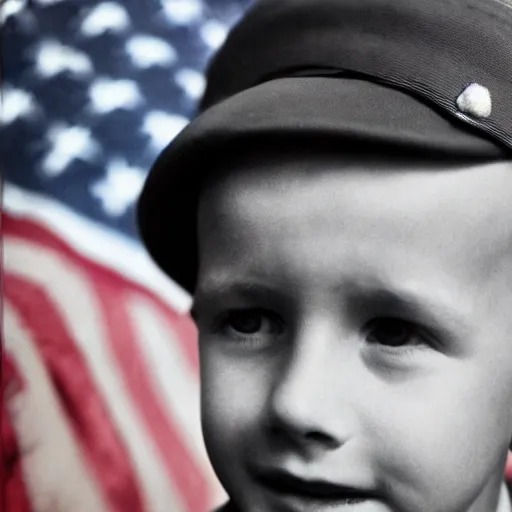 Image similar to the portrait of an US 10 years boy who fought ww2, British Pathe archive, time magazine, realistic, cinematic, 8k resolution