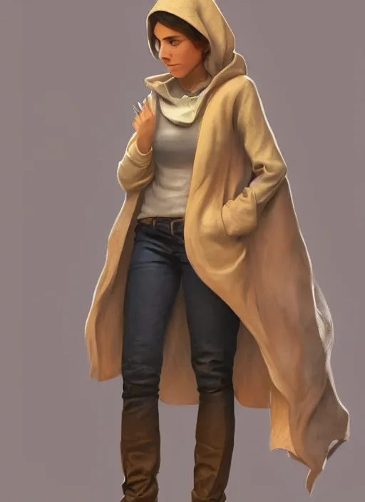 Image similar to shy, short brown hair arab spanish young woman, beige hoodie, by caspar david friedrich by james gilleard and justin gerard, artstation, smooth, sharp focus, by jean baptiste, octane render