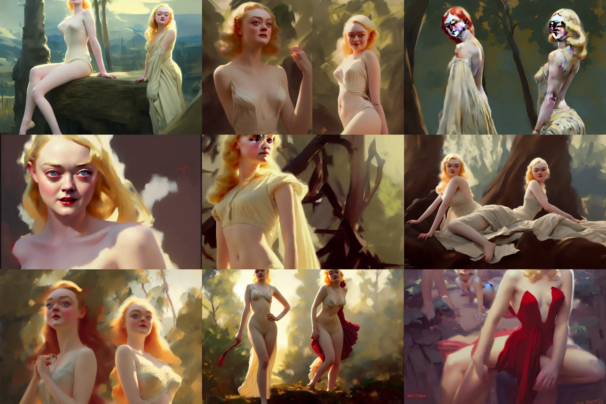 Prompt: greg manchess dakota fanning elle fanning matte painting, trending on artstation, gil elvgren, greg rutkowski, magali villeneuve, artgerm, jeremy lipkin, michael garmash