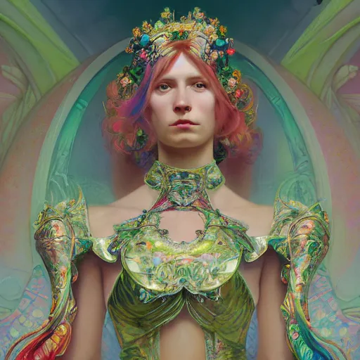 Image similar to a highly detailed portrait of a futuristic princess, neon colored dress, beautiful detail and color, art by john collier and albert aublet and krenz cushart and artem demura and alphonse mucha, volumetric lighting, octane render, 4 k resolution, matte, sharp focus, illustration, art by jacque - louis david, baroque style