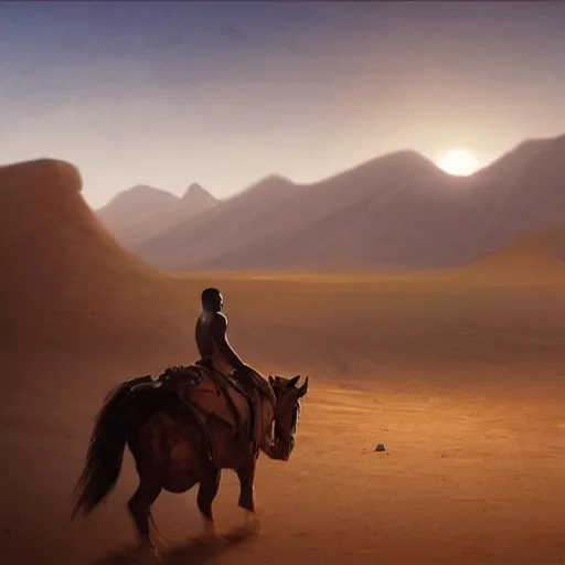 Image similar to kayne west traveling through the desert, painting by Greg Rutkowski, at dawn