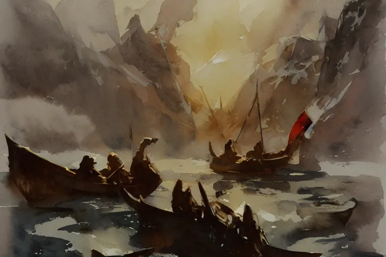 Prompt: small centered on watercolor paper, paint brush strokes, abstract watercolor painting of ancient kingdom, foreign nature, viking mythology, cinematic light, american romanticism by hans dahl, by jesper ejsing, by anders zorn, by greg rutkowski, by greg manchess, by tyler edlin