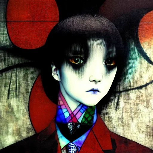 Image similar to yoshitaka amano blurred and dreamy realistic three quarter angle portrait of a young woman with black lipstick and black eyes wearing dress suit with tie, junji ito abstract patterns in the background, satoshi kon anime, noisy film grain effect, highly detailed, renaissance oil painting, weird portrait angle, blurred lost edges