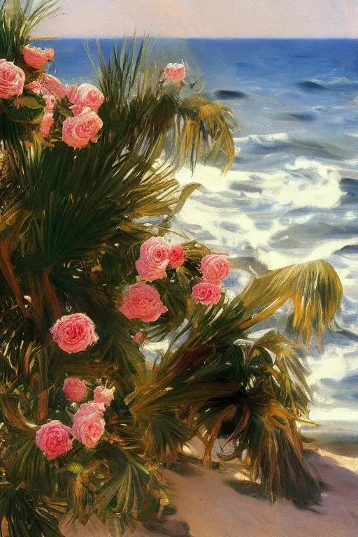 Prompt: the sun shining in the background, beach, spray of roses on the sea surface, a palm, painting by john singer sargent