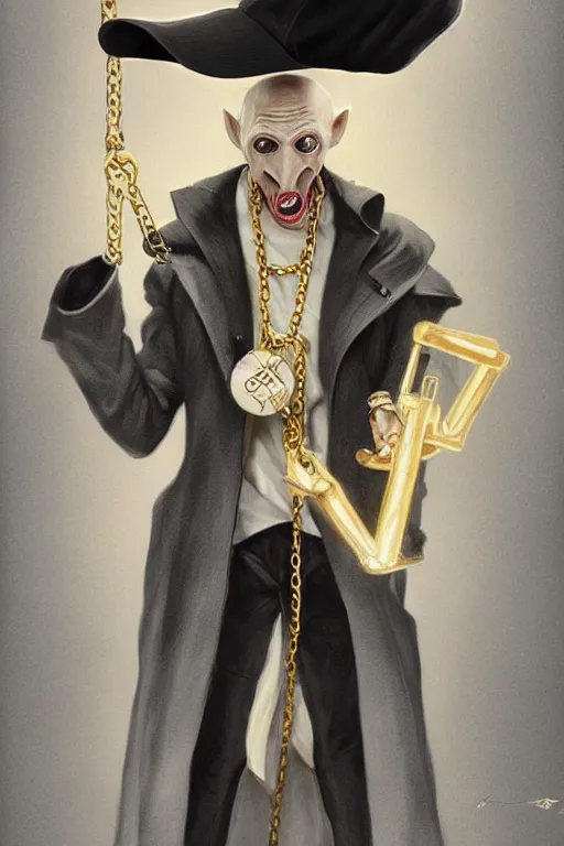 Prompt: stylish nosferatu with a golden chain microphone in his hand and a hip hop cap, d & d, fantasy, portrait, highly detailed, headshot, digital painting, trending on artstation, concept art, sharp focus, illustration, art by artgerm and greg rutkowski and magali villeneuve