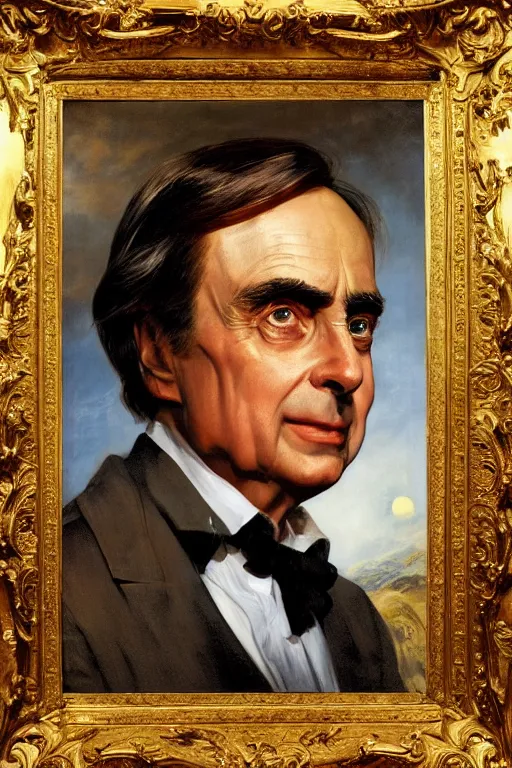 Image similar to Carl Sagan oil on canvas, golden hour, artstation, by J. C. Leyendecker and Peter Paul Rubens,