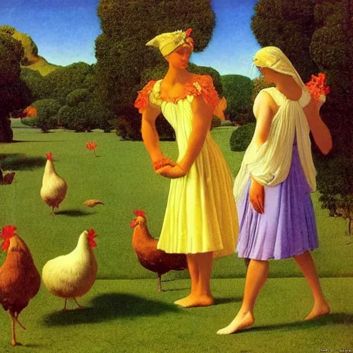 Prompt: seven hens in dresses, maxfield Parrish