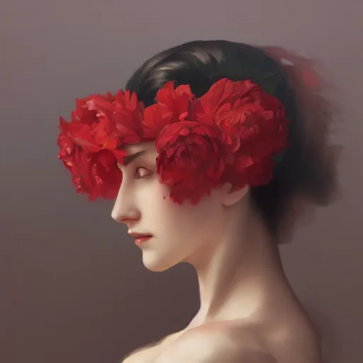 Prompt: side profile of a woman holding a red flower, digital art, surreal, space dandy style, highly detailed, godsend, artstation, digital painting, concept art, smooth, sharp focus, illustration by ruan jia and mandy jurgens and william - adolphe bouguereau