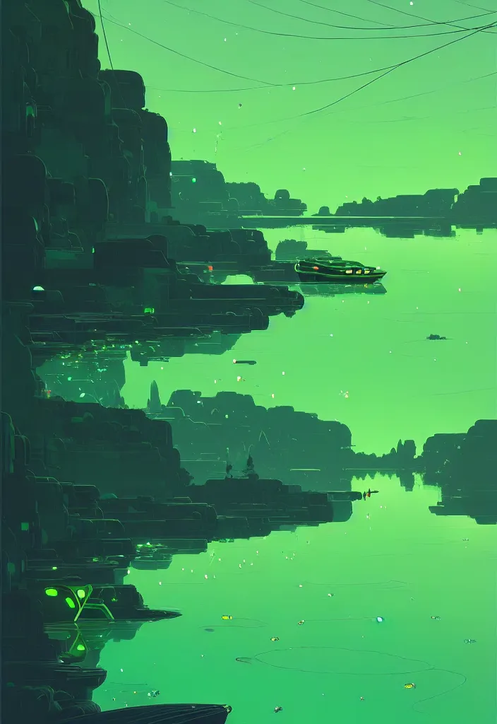 Image similar to by moebius and atey ghailan | a bright green river with clear crystal boats moving up and down it |