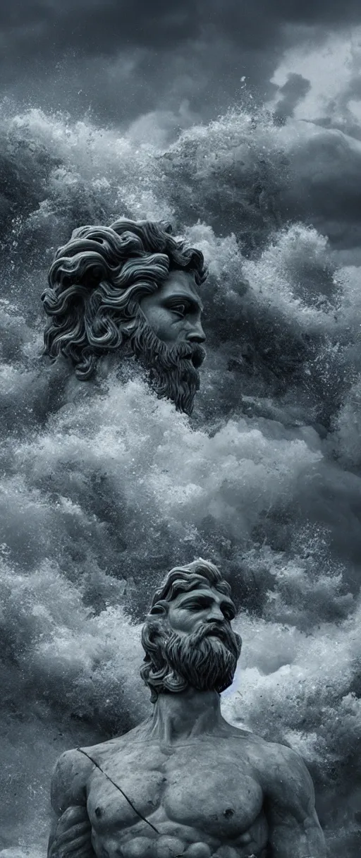 Image similar to stone sculpture of poseidon in the ocean, heavy waves, dark clouds, vivid, atmospheric, rainy, realistic, ultra detail, somber, hd, octane render, featured on artstation