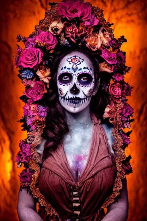 Image similar to heliography, virgin mary in dia de muertos dress and make up, horrific beautiful vibe, evocative, atmospheric lighting, painted, intricate, highly detailed, leesha hannigan, wayne haag, reyna rochin, ignacio fernandez rios, mark ryden, iris van herpen, stunning, gorgeous, sharp focus, cinematic, masterpiece