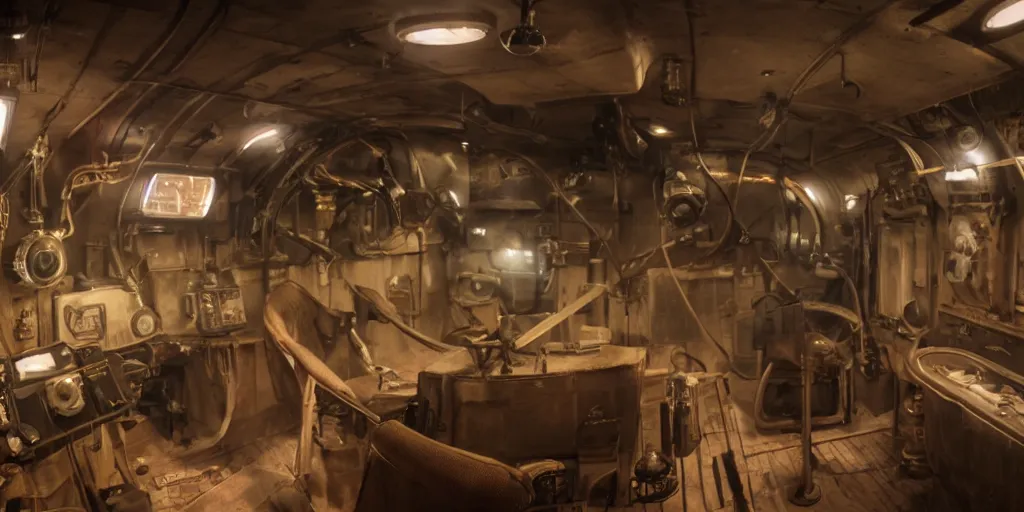 Image similar to photograph of a dieselpunk submarine interior set design, cinematic lighting, haze, arri alexa, anamorphic bokeh, 4 k, graded with davinci resolve