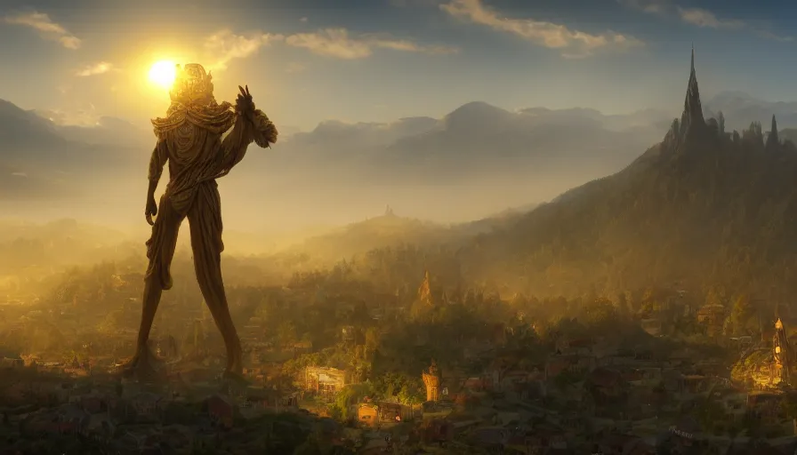 Image similar to Giant golden statue with village built all around in a middle of flowery mountains with giant sun behind, light morning fog, hyperdetailed, artstation, cgsociety, 8k