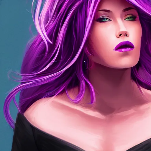 Image similar to a stunning upper body portrait of a beautiful woman with ombre purple and pink hair blowing in the wind by marvel comics, digital art, trending on artstation