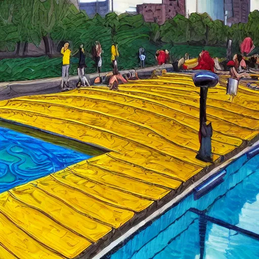 Image similar to when the art knowledge of ai trained by millennials, is like swimming in the yellow tinted wading pool at the community swimming center