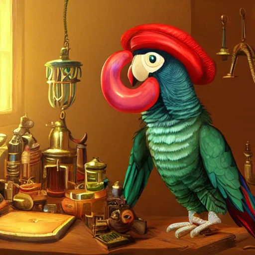 Prompt: Anthropomorphized parrot trader in his shop, selling his wares, portrait, items, weapons, magic potions, trinkets, carpet, lamps, window, fancy hat, sly expression, cunning expression, cute expression, long thick shiny black beak, D&D, fantasy, cinematic lighting, highly detailed, digital painting, artstation, concept art, smooth, sharp focus, illustration, warm light, cozy warm tint, magic the gathering artwork, volumetric lighting, 8k, art by Akihiko Yoshida, Greg Rutkowski