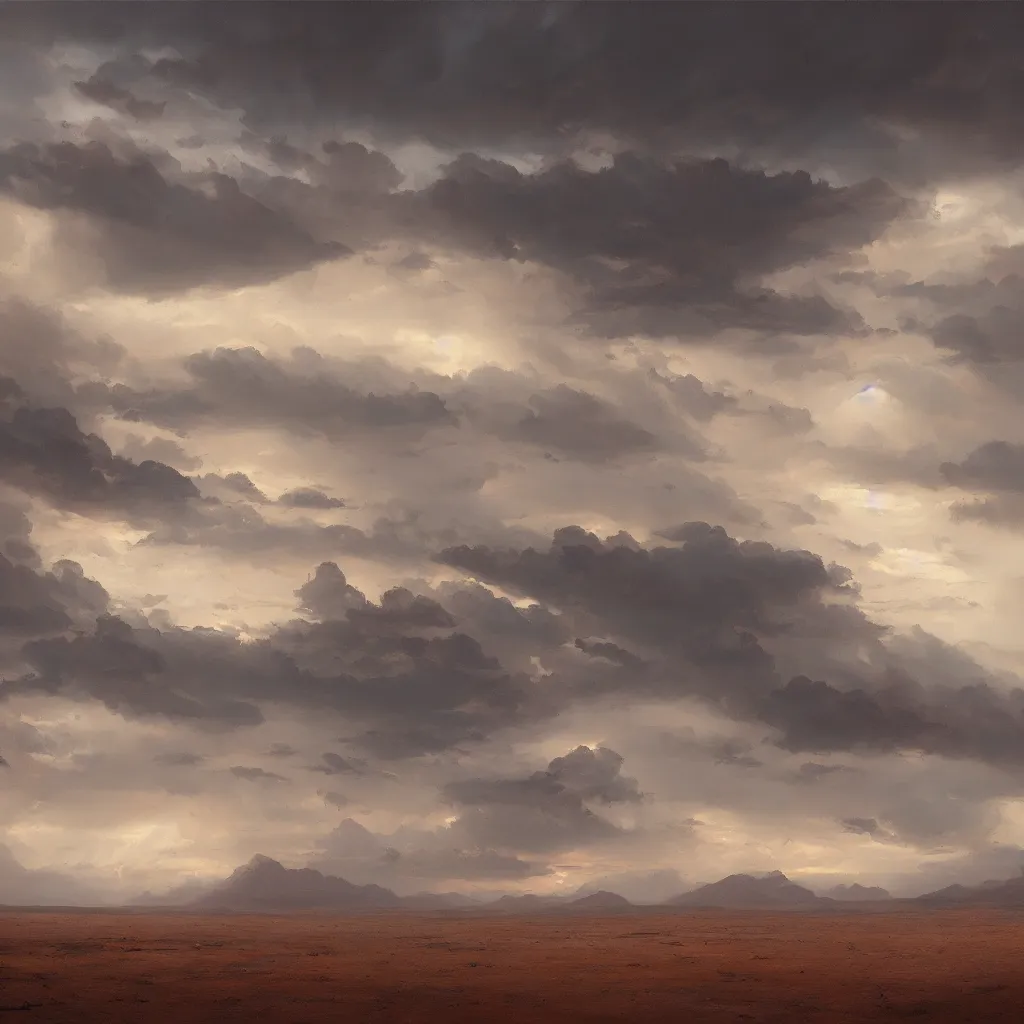 Image similar to beautiful oil painting of a thunderstorm in the desert, greg rutkowski, trending on artstation