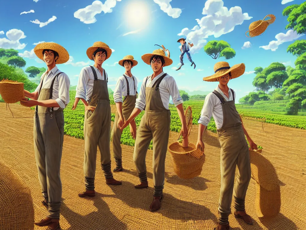 Image similar to mandragora farmers working on the sunny day, wearing a suspenders and straw hats, artgerm, artstation, art by hiroaki samura and jiro matsumoto and yusuke murata, box office hit, movie poster, unreal engine, octane render, sharp focus, high quality, highly detailed 8 k