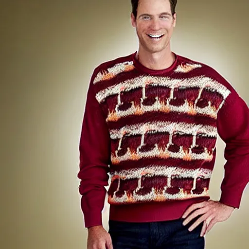 Image similar to model wearing a sweater of bacon weave!, product photo, jc penny catalog