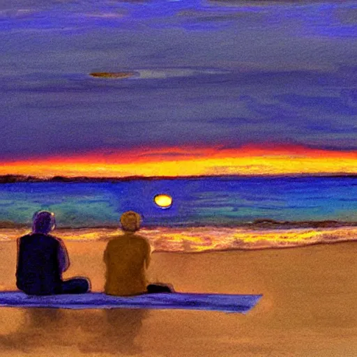 Image similar to 2 men watching the beautiful sunset together by the beach, by greg rutowski, muted colors