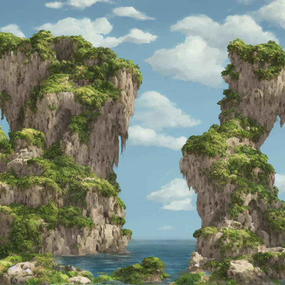 Image similar to an island floating in the air, the island is rocky and bare with some vegetation, waterfalls left from the island flowing into the sea, highly detailed, animated, lovely, dreamy, morandi colour scheme, strong light and shadow atmosphere, painted by ghibli