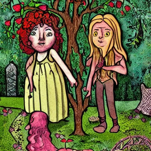 Prompt: the apple tree man lives in a secret garden. a girl holds a key. folk horror art style