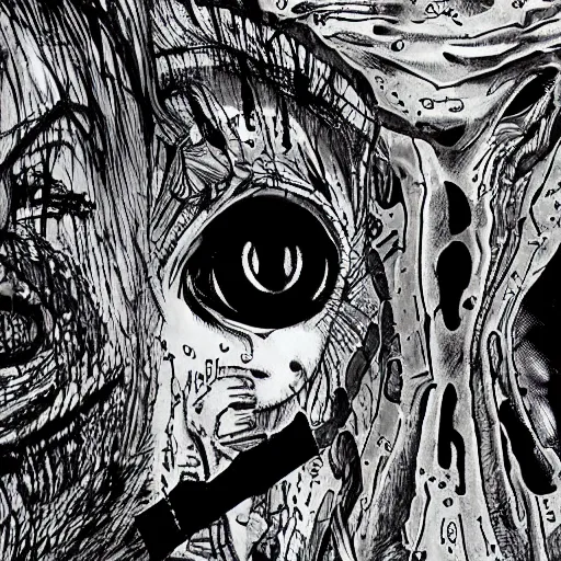 Image similar to eyes, last days of humanity lone survivor holding his guts by hands, junji ito, amano yoshitaka, 8k hd