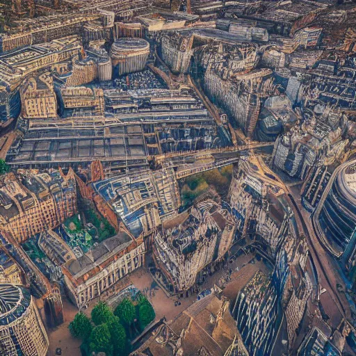 Image similar to a drone shot of Victorian London, aerial view, photograph, photorealistic, detailed, sharp image, 8k SDR, award-winning, beautiful,