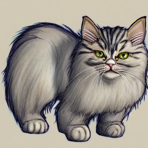 Image similar to anthropomorphic humanoid cat, extra fluffy Persian tabby cat standing on two feet, drawing by Don Bluth, colored pencil sketch with feathery lines, drawing by Yoshitaka Amano