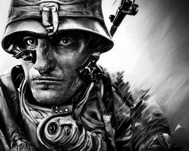 Prompt: A soldier aiming a gun with a hateful face, world war 1, close-up, realistic face, beautiful face detail, mature facial features, black and white, amazing digital art, hyper detailed, artstation, in the style of Tony Sart