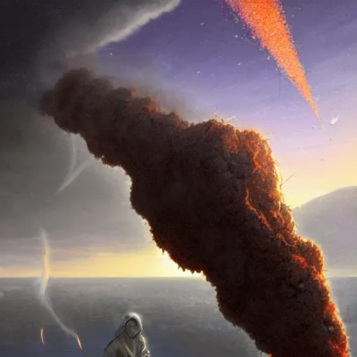 Image similar to A digital painting of a meteorite made of an insect hive burning up in the atmosphere, Wayne Barlowe Greg Rutkowski Jessica Rossier