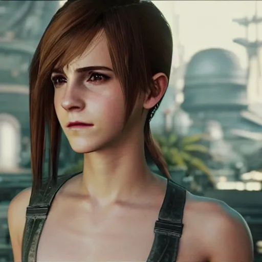 Prompt: emma watson in final fantasy vii remake, hair in a ponytail, character render, full body shot, highly detailed, in game render