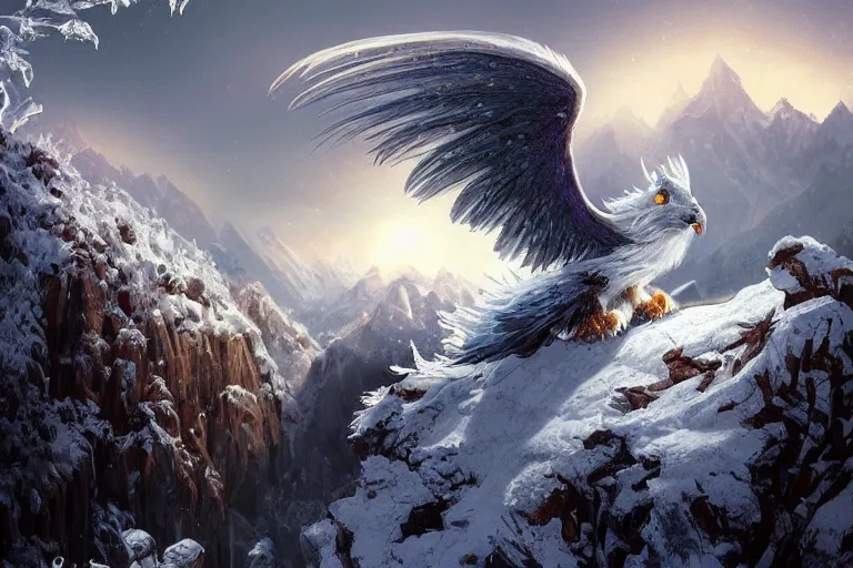 Prompt: Snow gryphon on a beautiful fantasy landscape, mountainside, winter, moonlit, HD, illustration, epic, D&D, fantasy, intricate, elegant, highly detailed, digital painting, artstation, concept art, smooth, sharp focus, illustration, wallpaper, art by artgerm and greg rutkowski and alphonse mucha and jin xiaodi