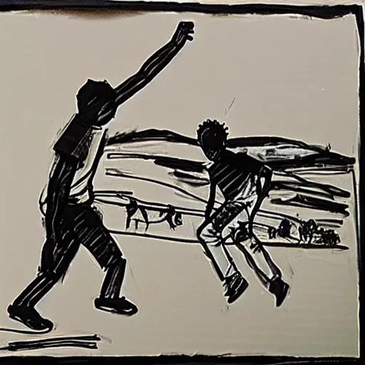 Image similar to award winning william kentridge drawing of a south african boy dashing home across a childrens story illustration urban township landscape, to save his little brother, who is accidentally playing with parafin